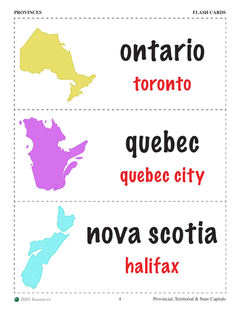 Province flashcards pair Ontario–Toronto, Quebec–Quebec City, and Nova Scotia–Halifax with map silhouettes
