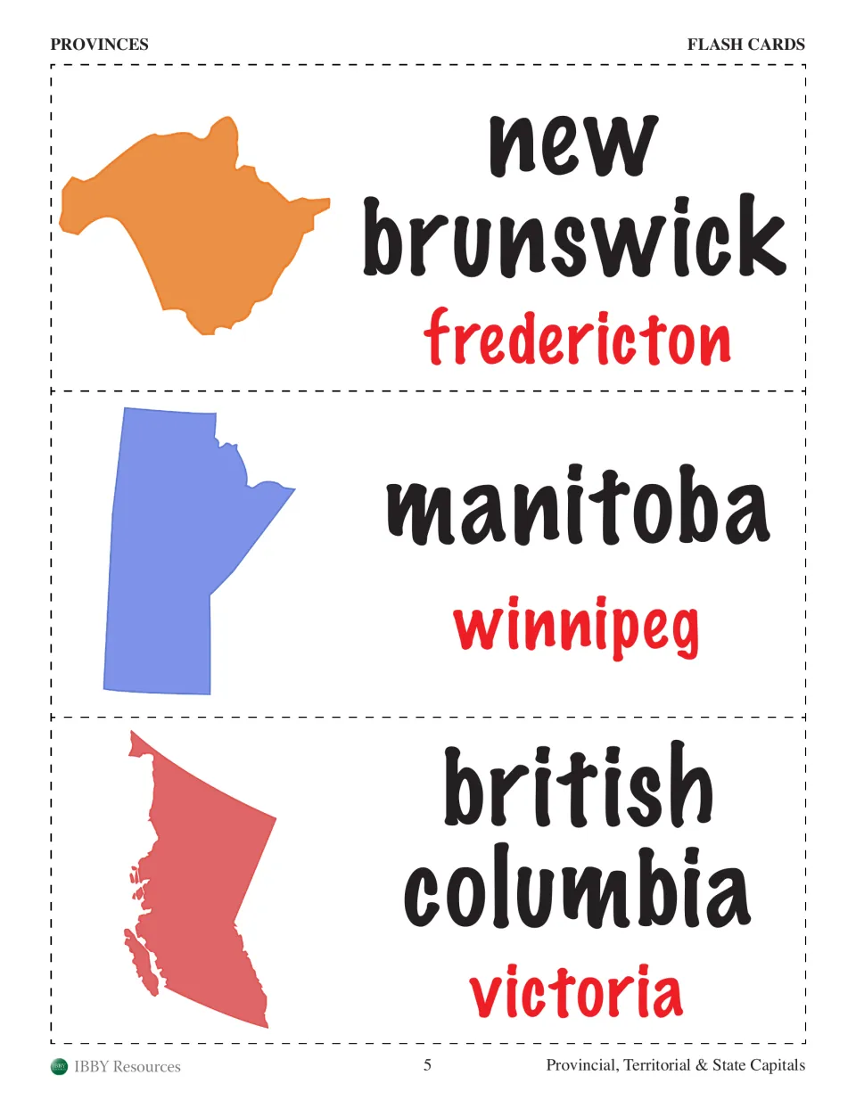 Province flashcards: New Brunswick–Fredericton, Manitoba–Winnipeg, and British Columbia–Victoria, with maps