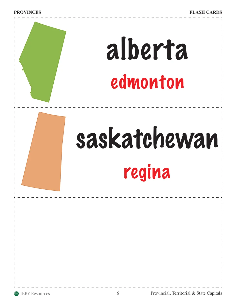 Province flashcards pair Alberta with Edmonton and Saskatchewan with Regina beside colored map silhouettes