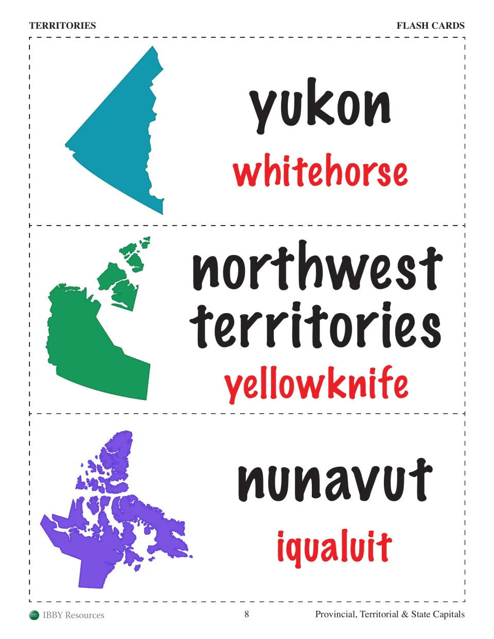 Territory flashcards: Yukon–Whitehorse, Northwest Territories–Yellowknife, and Nunavut–Iqaluit, with maps