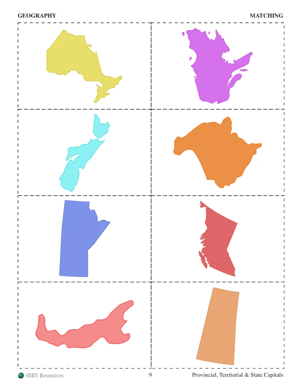 Geography matching cards show eight province silhouettes, including Ontario, Quebec, and Nova Scotia