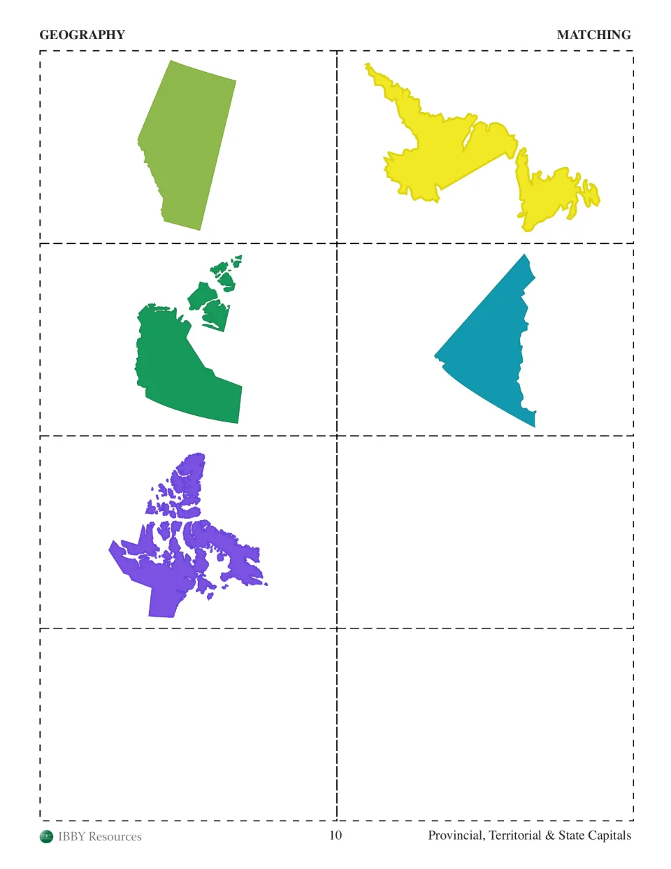 Geography matching cards show Alberta, Newfoundland and Labrador, and the three Canadian territory silhouettes