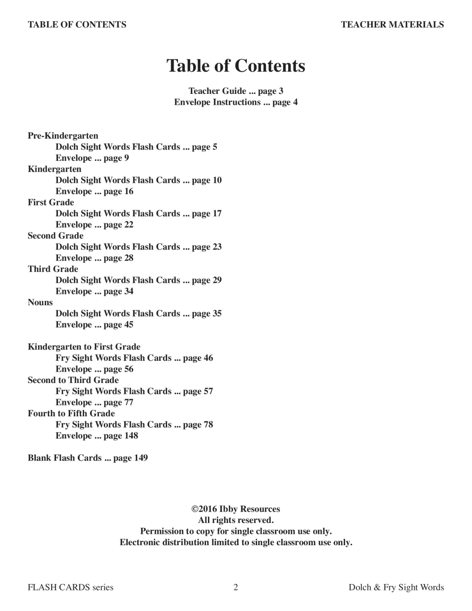 Table of contents for Dolch and Fry flashcards, listing grade sections, envelopes, guide, and blank cards.