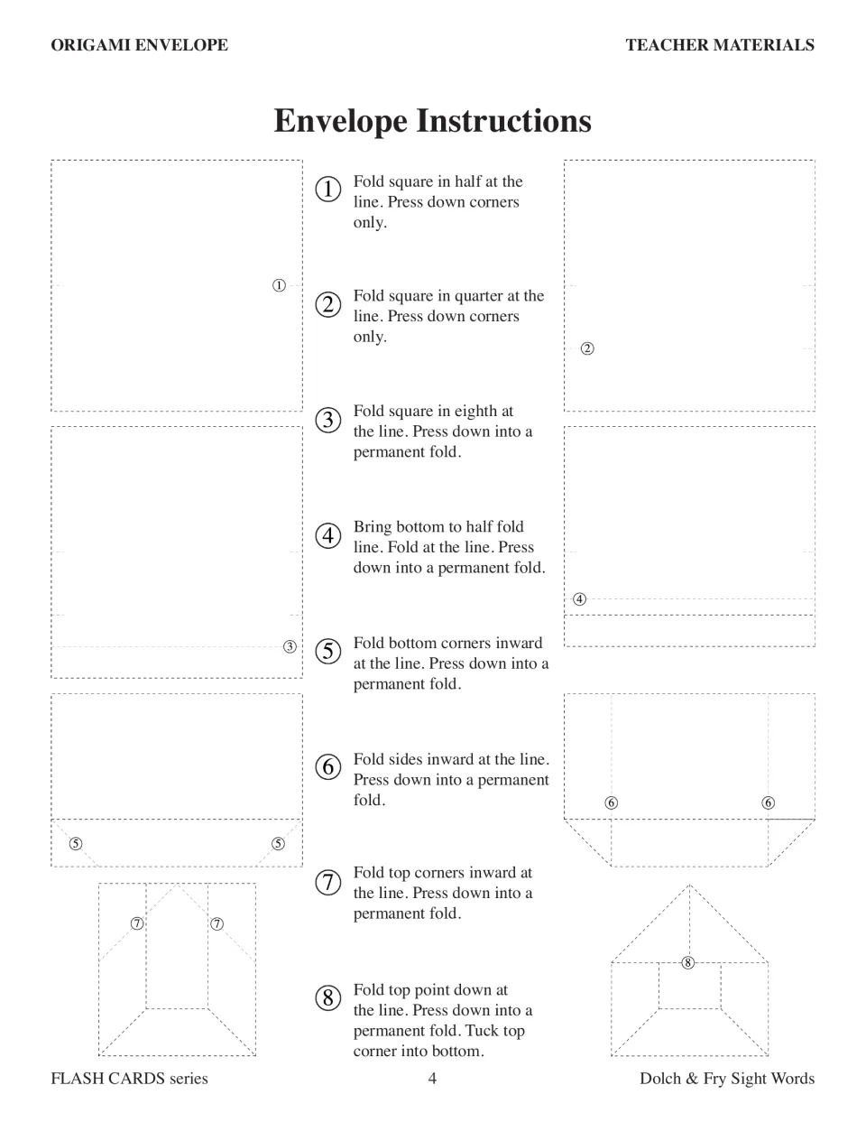 Eight illustrated folding steps for the origami envelopes used to organize the sight word flashcard sets.