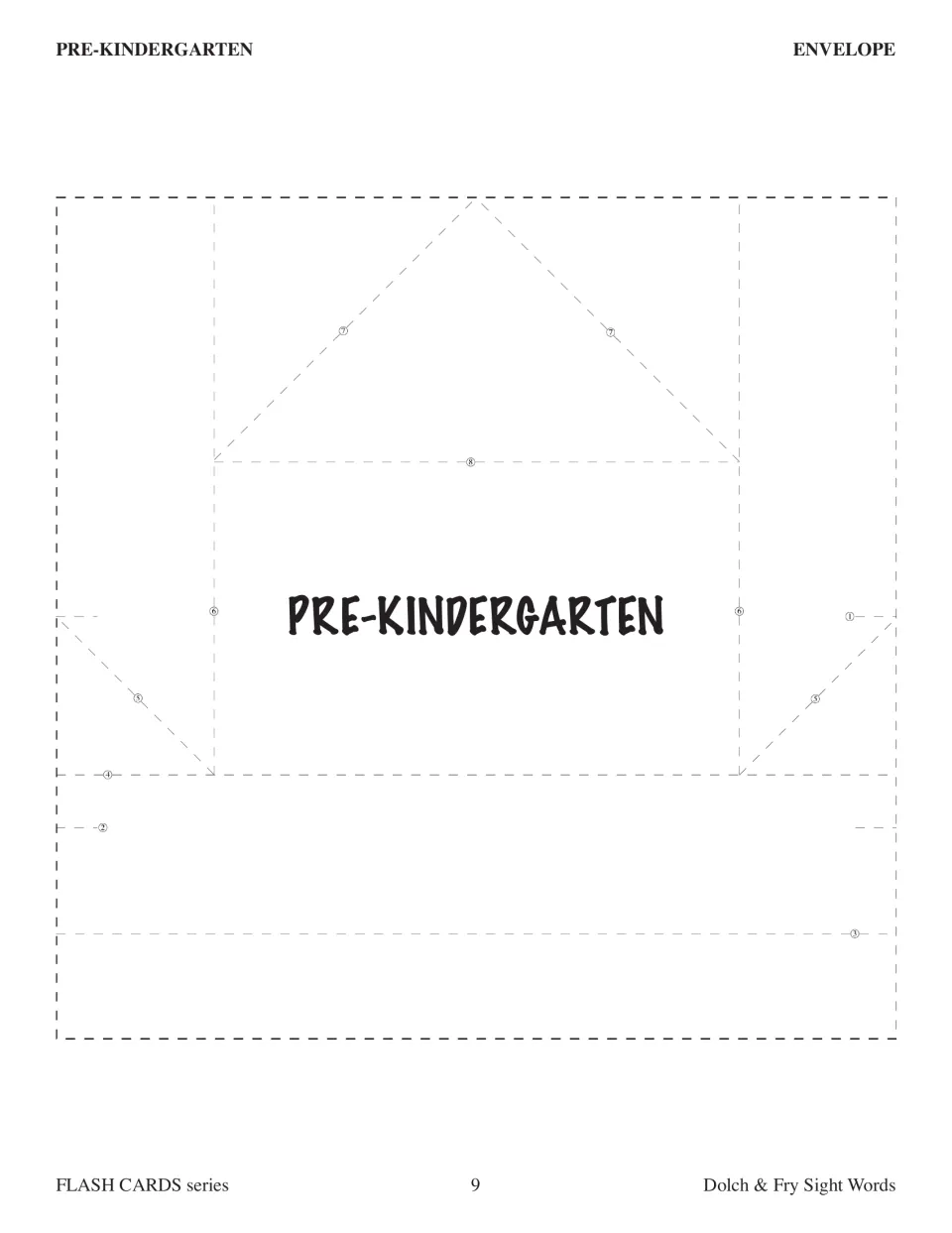 Printable origami envelope labeled 'Pre-Kindergarten' for storing that section's Dolch sight word cards.