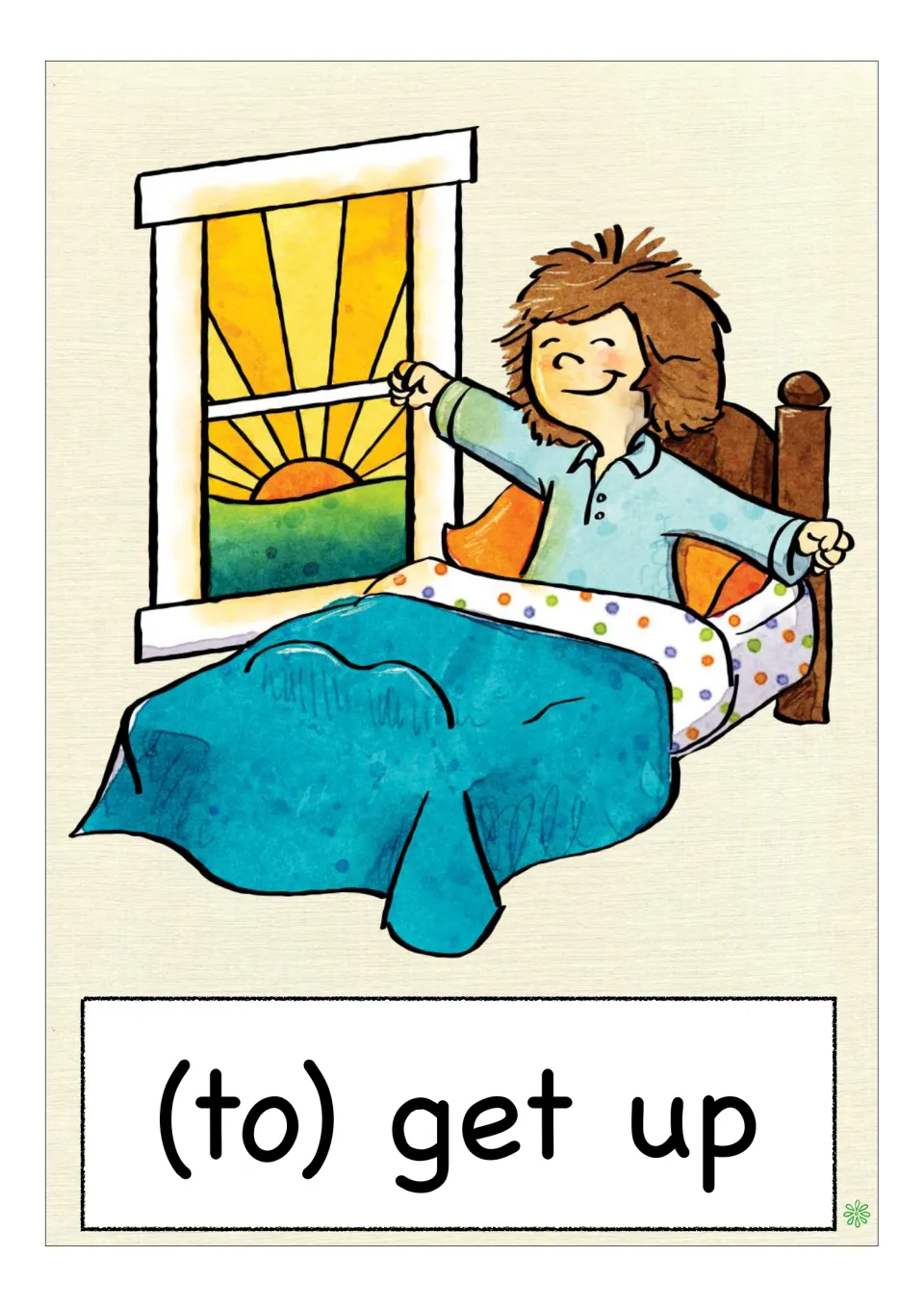 Daily routine flash card: "(to) get up" with a child stretching in bed as the sun rises outside the window
