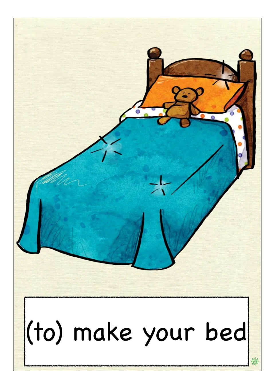 Routine vocabulary card: "(to) make your bed" showing a neatly made bed with a blue cover and a teddy bear on the pillow