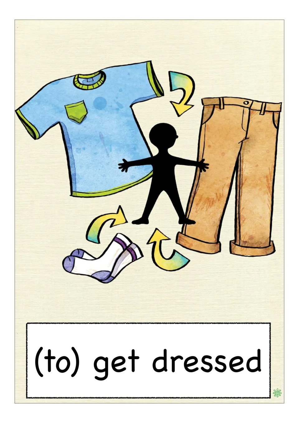 Dressing vocabulary card: "(to) get dressed" showing a T-shirt, trousers and socks with arrows toward a child silhouette
