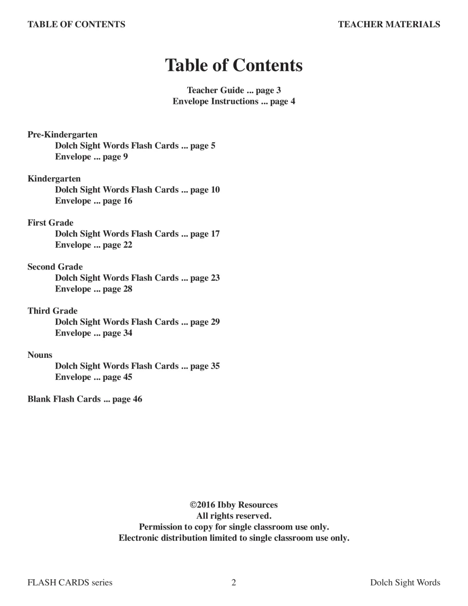 Table of contents listing card pages and envelopes for Pre-K through third grade, nouns and blank cards, plus copyright