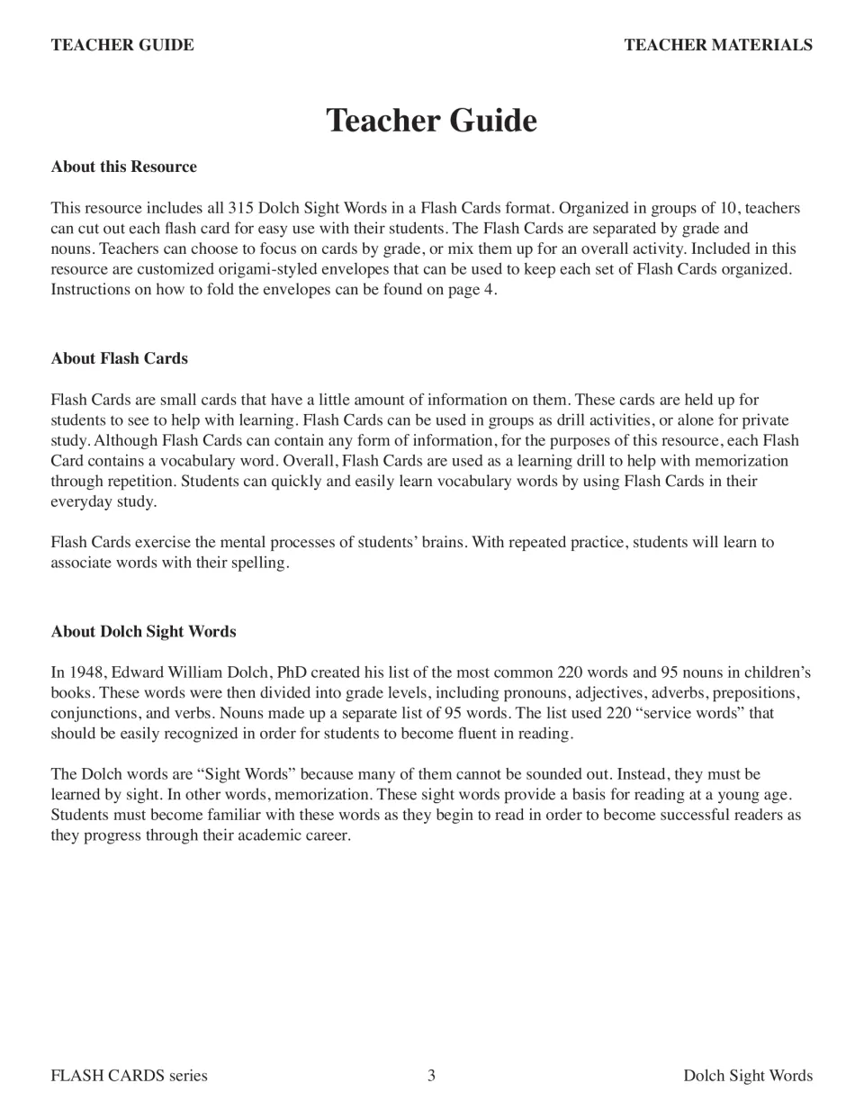Teacher guide explaining the 315 sight words grouped in tens, how flash card drills work, and Dolch's 1948 word list