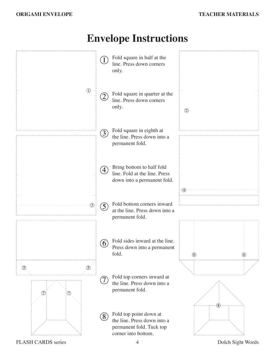 Origami envelope instructions: eight numbered folding steps with diagrams for making a pocket to store each card set
