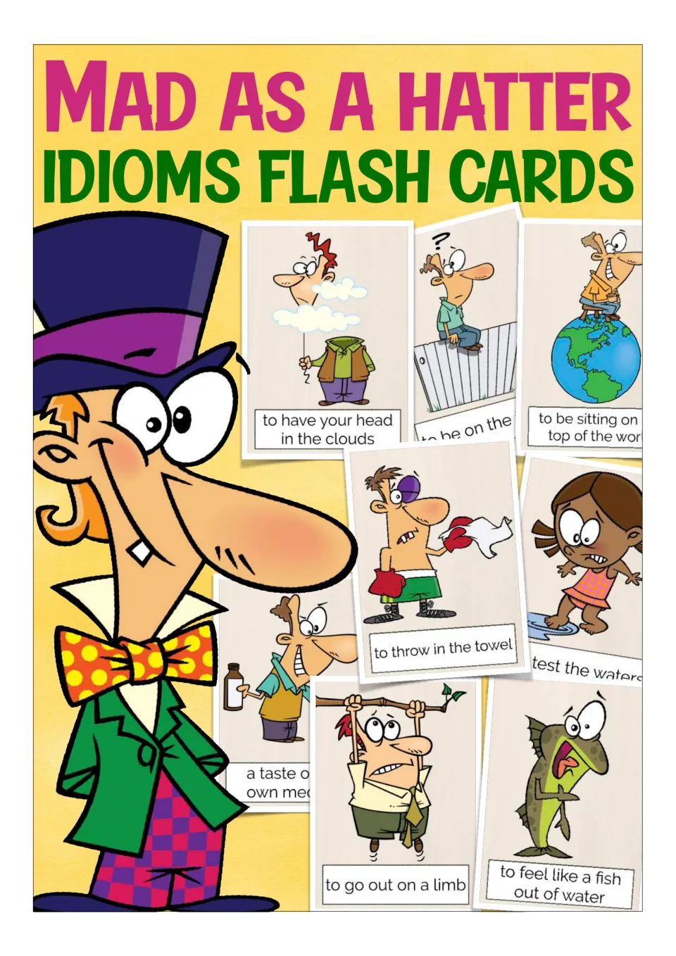Mad as a Hatter idioms flash cards cover showing a top-hatted cartoon character and sample idiom cards with drawings