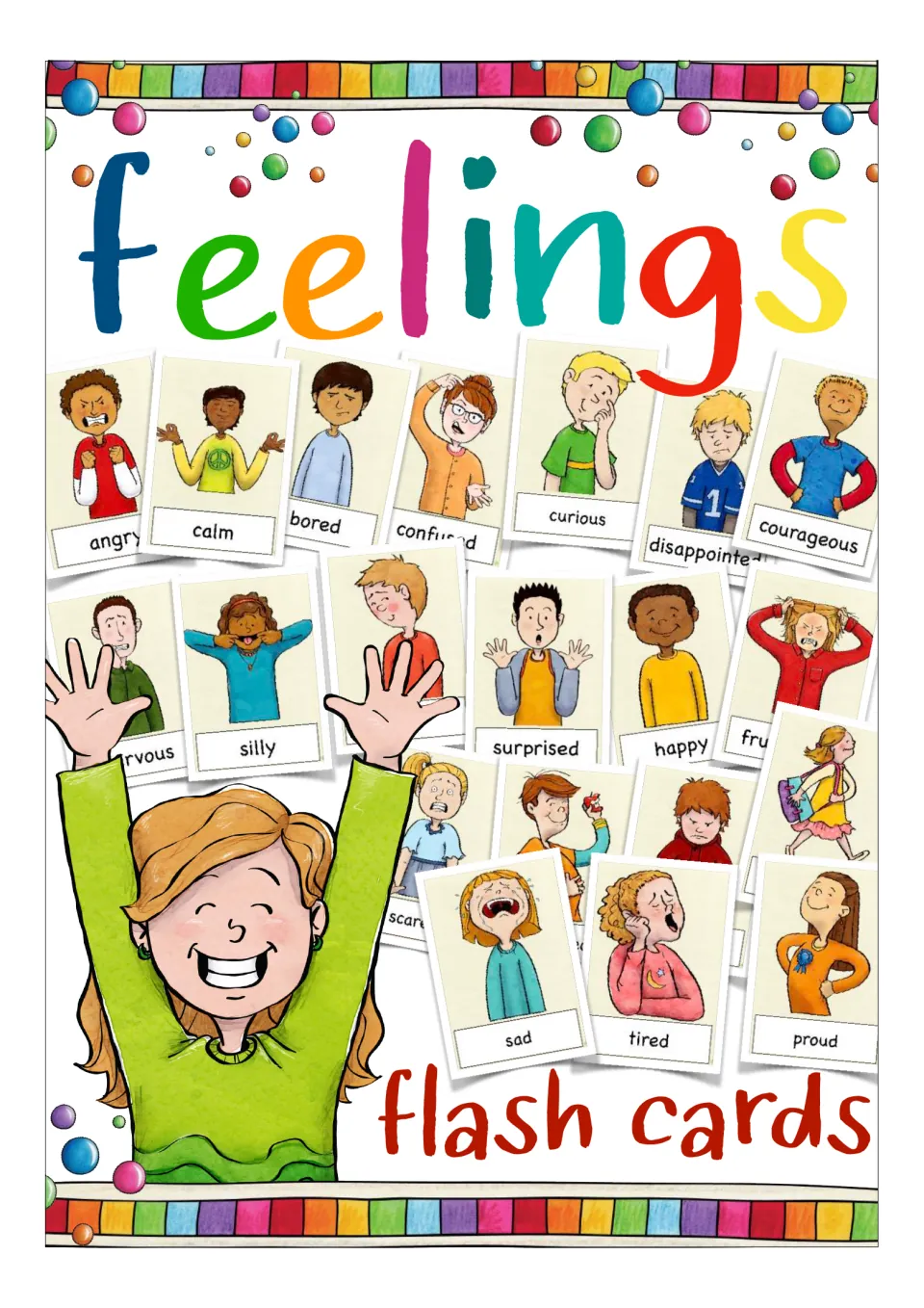 Cover of the feelings flashcard set, showing sample emotion cards and the heading 'feelings flash cards'