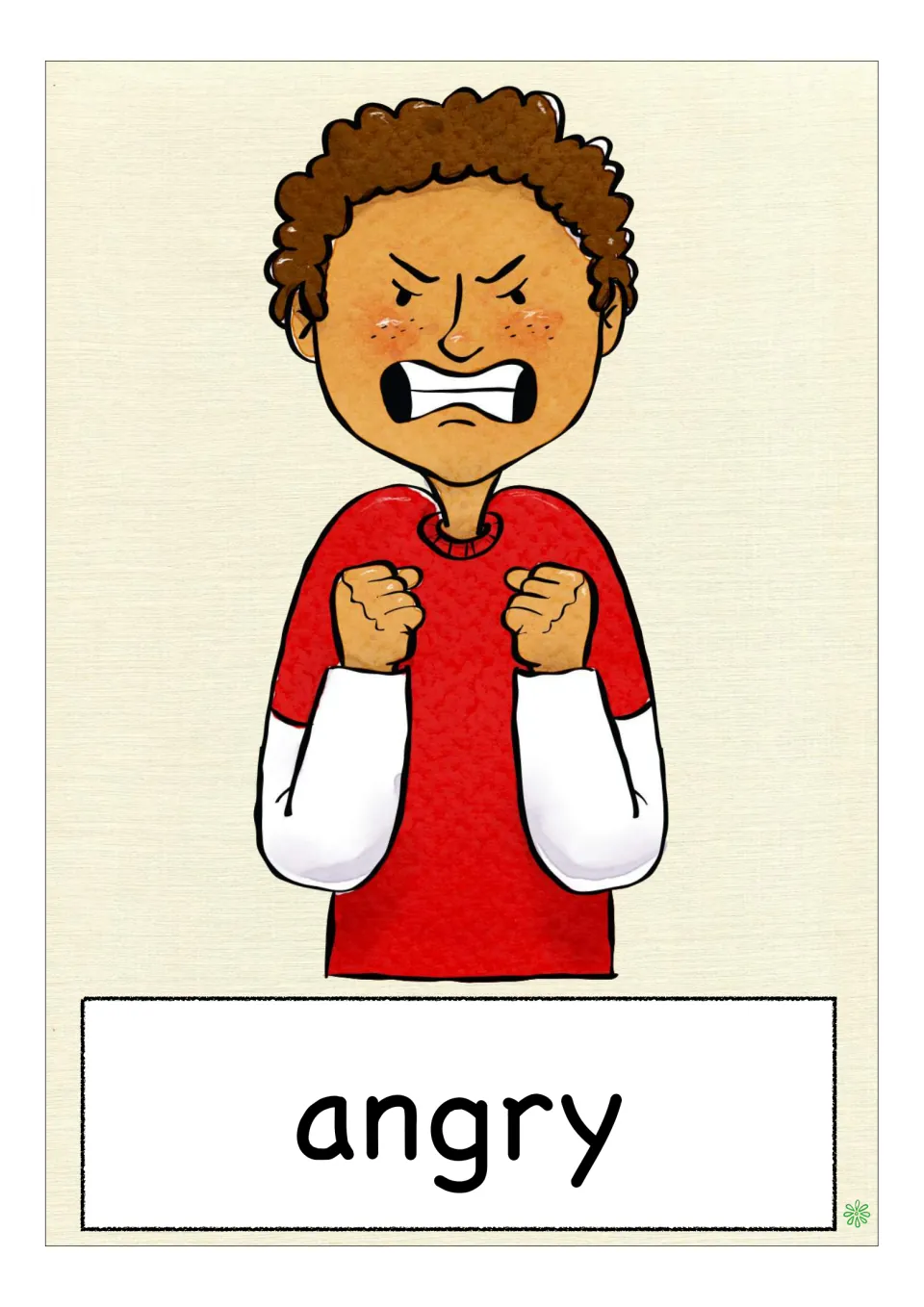 Feelings vocabulary flashcard labeled 'angry', showing a child with clenched fists and gritted teeth