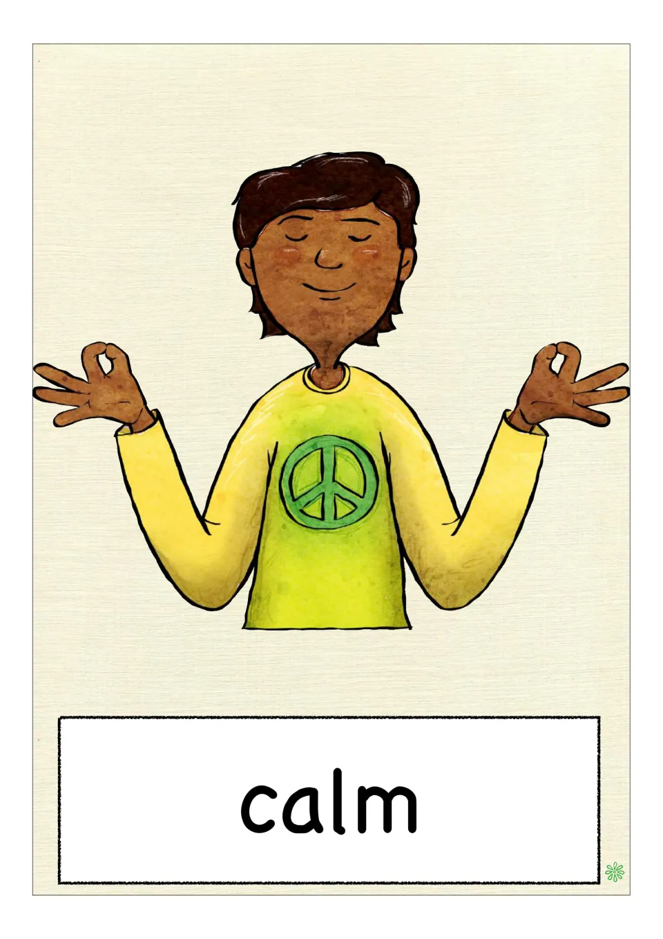 Feelings vocabulary flashcard labeled 'calm', showing a child with closed eyes and hands raised gently