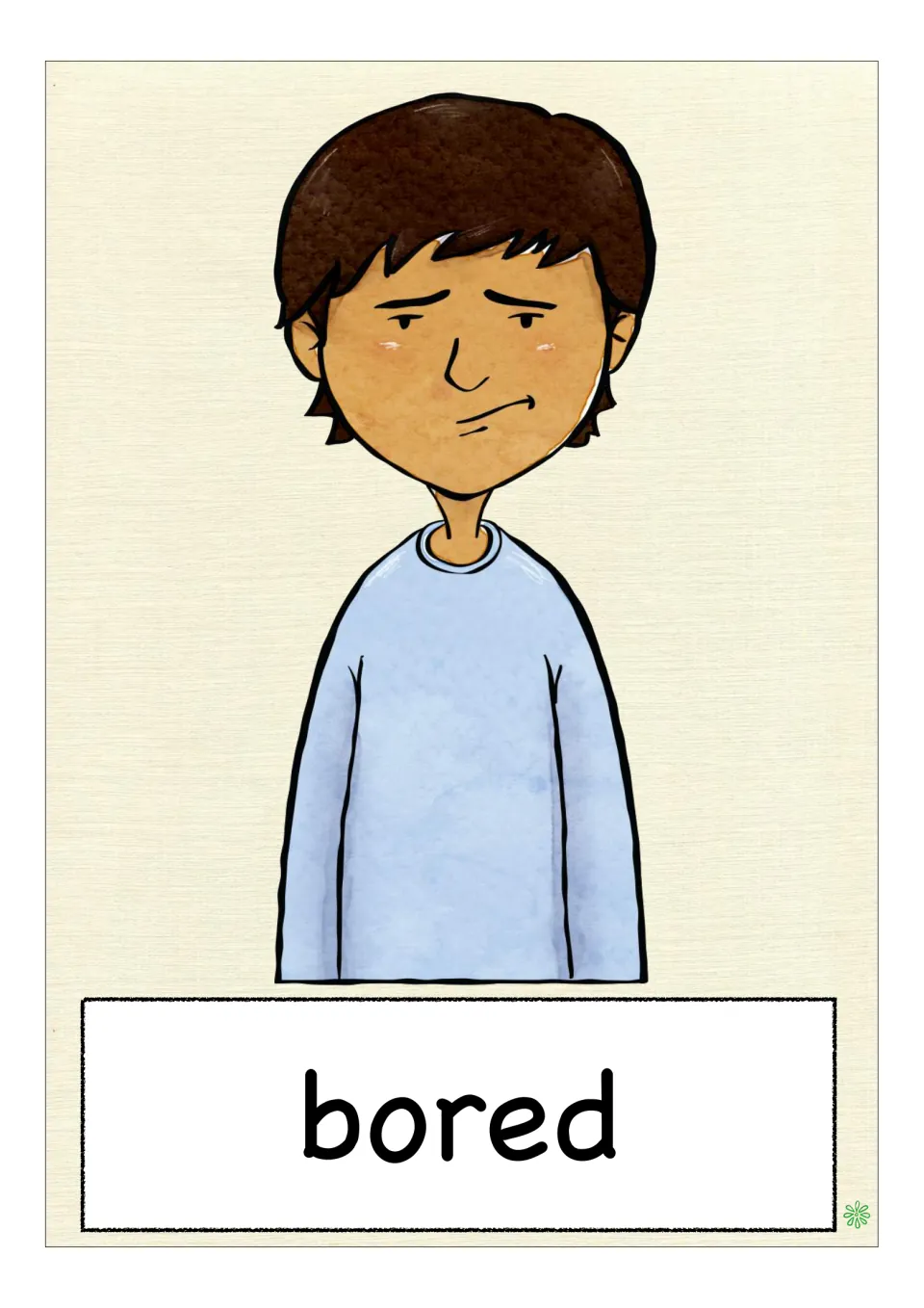 Feelings vocabulary flashcard labeled 'bored', showing a child with drooping eyelids and a slanted mouth