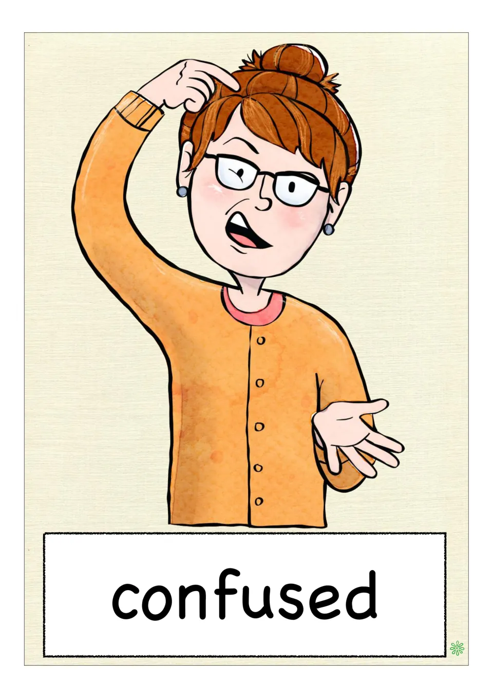 Feelings vocabulary flashcard labeled 'confused', showing a person scratching their head with one palm up