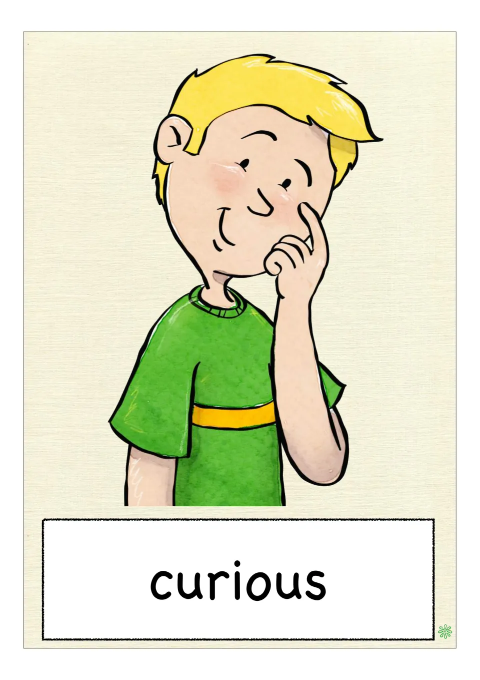Feelings vocabulary flashcard labeled 'curious', showing a child tilting their head with a finger on their cheek