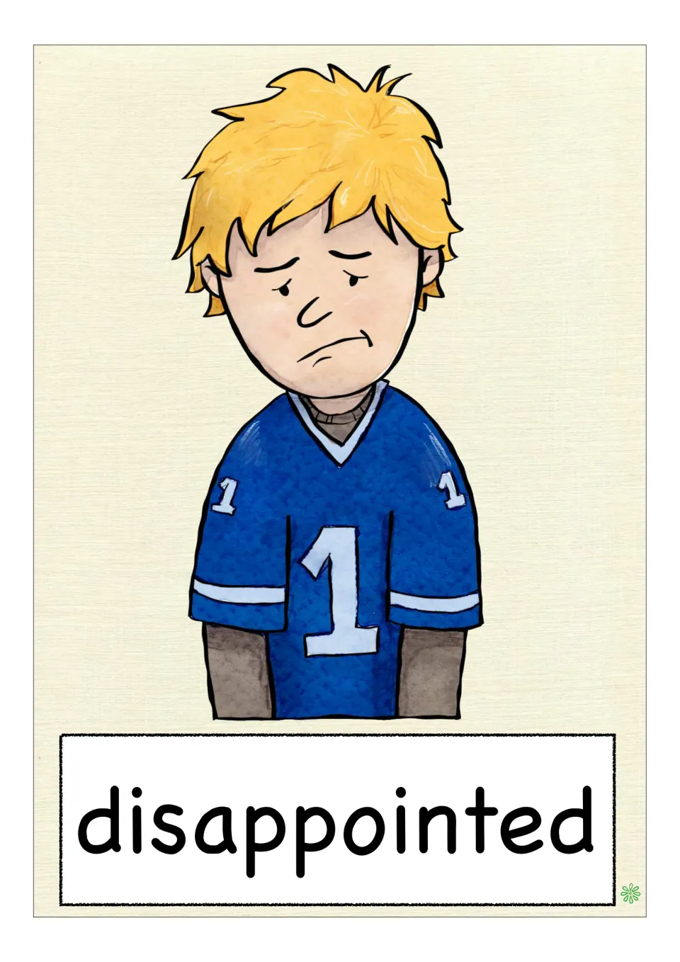 Feelings vocabulary flashcard labeled 'disappointed', showing a child with lowered shoulders and a frown