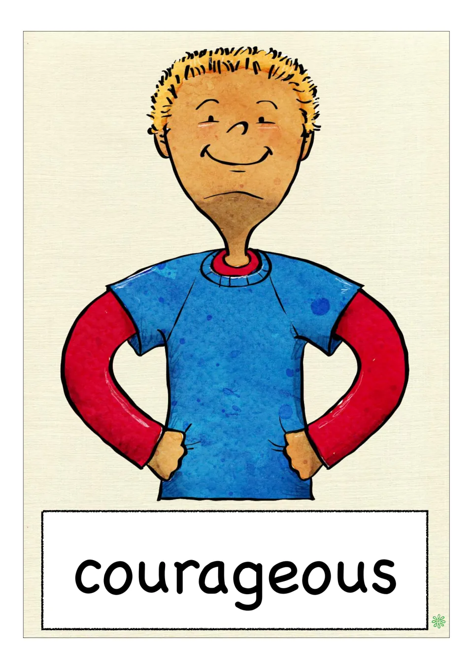 Feelings vocabulary flashcard labeled 'courageous', showing a smiling child standing with hands on hips