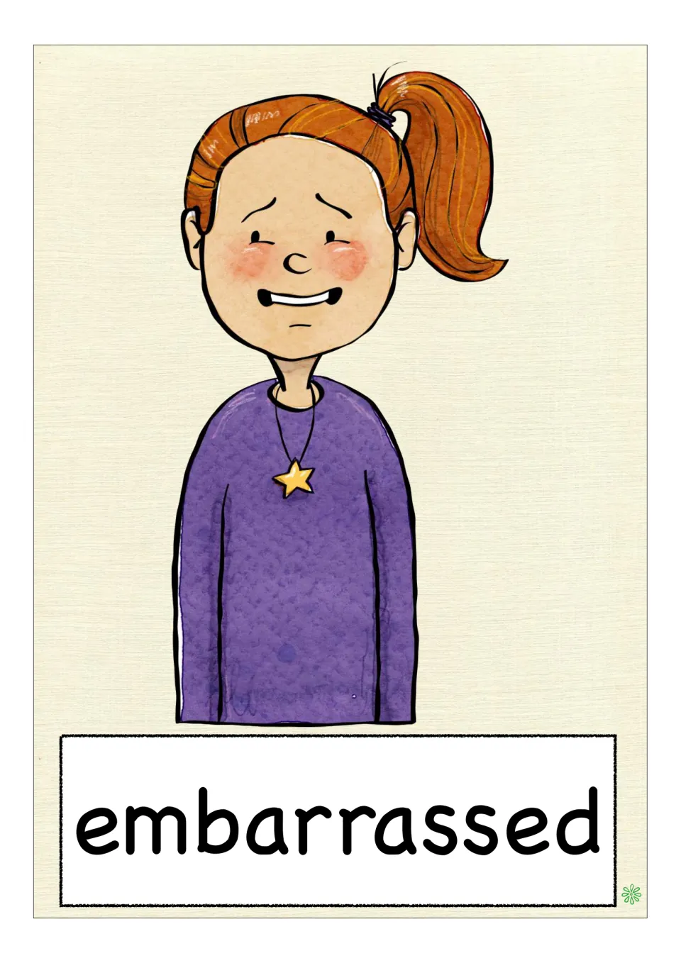 Feelings vocabulary flashcard labeled 'embarrassed', showing a child with flushed cheeks and an uneasy smile