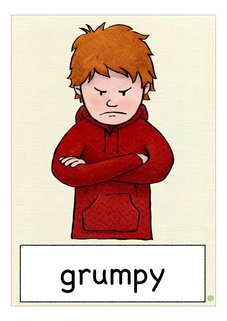 Feelings vocabulary flashcard labeled 'grumpy', showing a child in a red hoodie with crossed arms and a frown