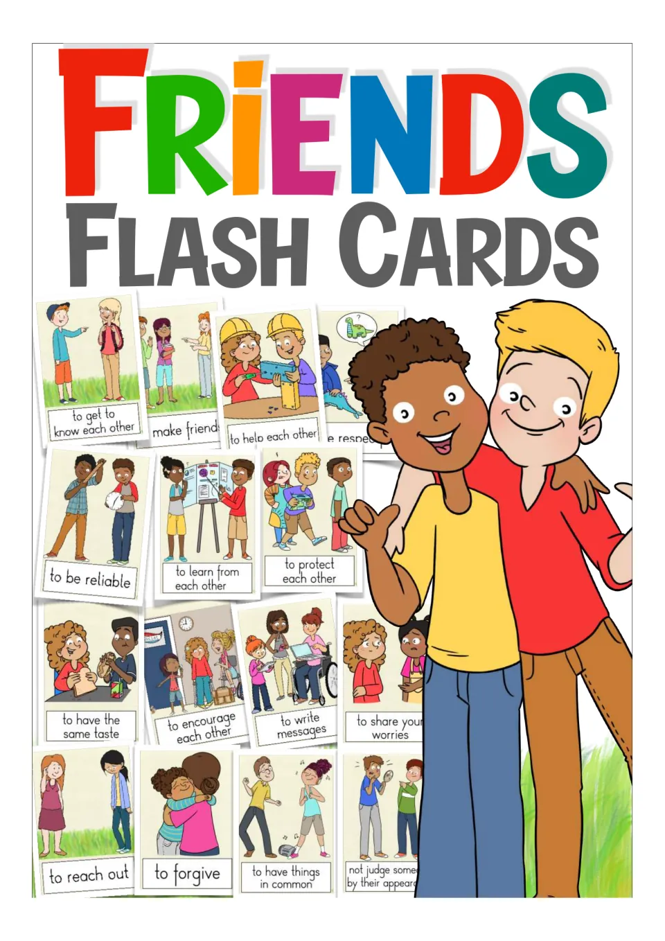Friends Flash Cards cover showing a collage of illustrated friendship phrase cards like to forgive and to be reliable