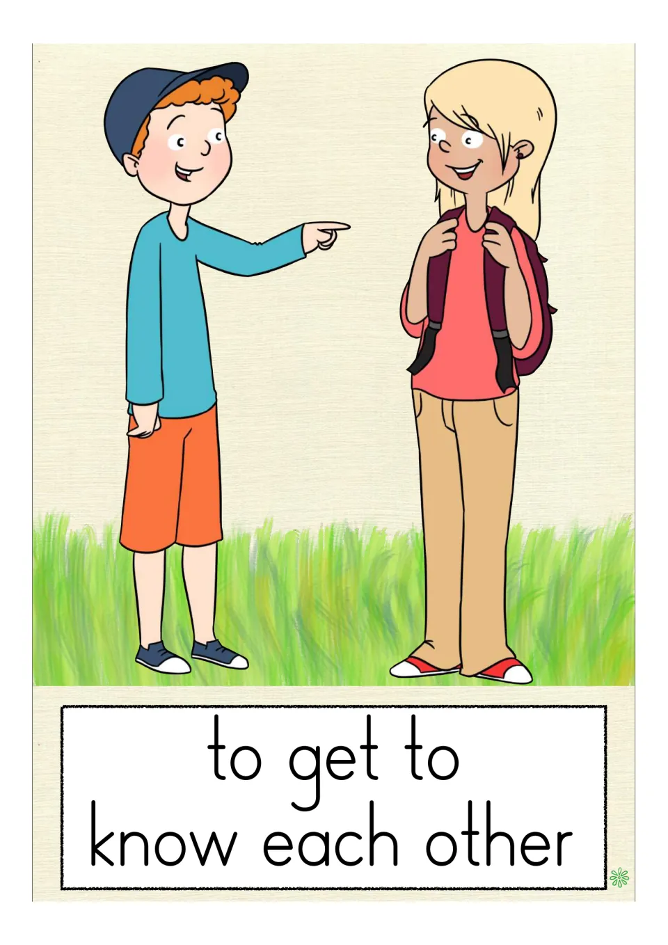 Friendship phrase card "to get to know each other": a boy in a cap points while chatting with a girl wearing a backpack