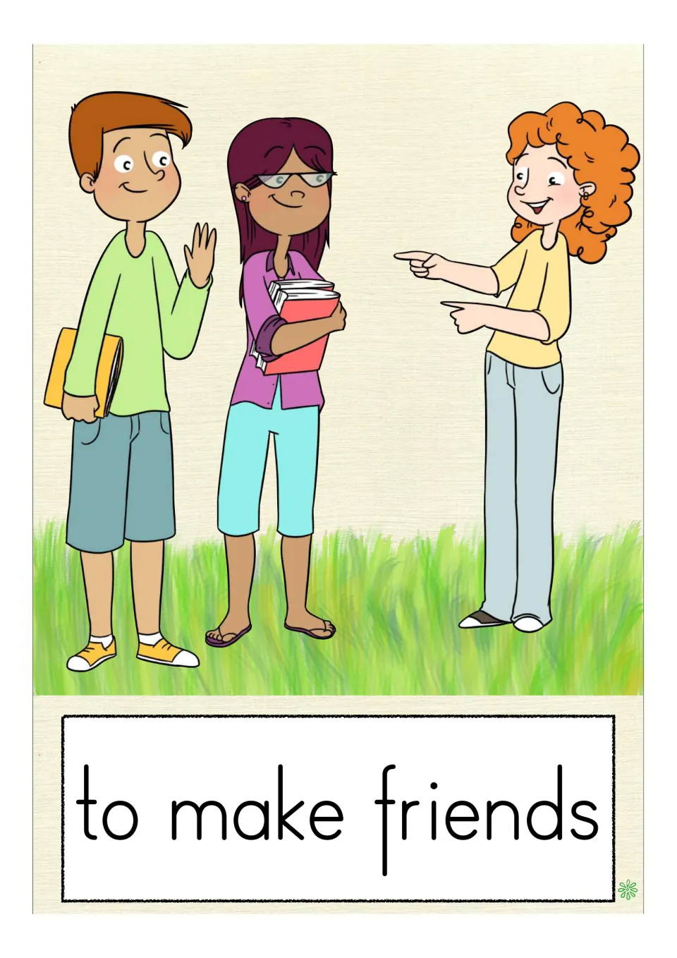 Card "to make friends": a girl points and smiles at a waving boy and a girl in glasses, both holding books