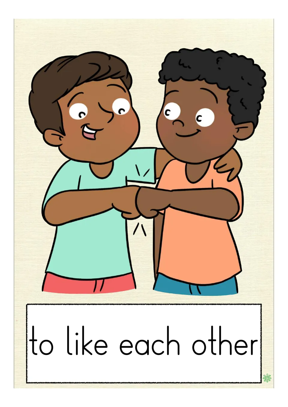 Card "to like each other": two smiling boys bump fists, one with an arm around the other's shoulder