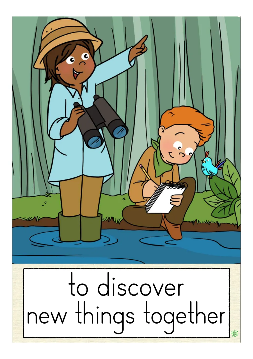 Card "to discover new things together": a girl in boots holds binoculars and points as a boy writes notes by a stream