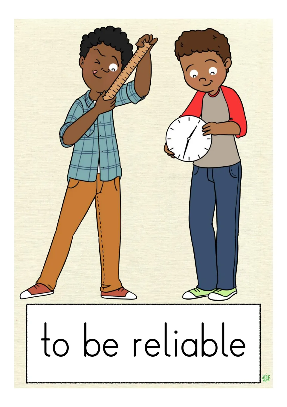 Card "to be reliable": one boy peers along a ruler as a friend checks the time on a clock he holds