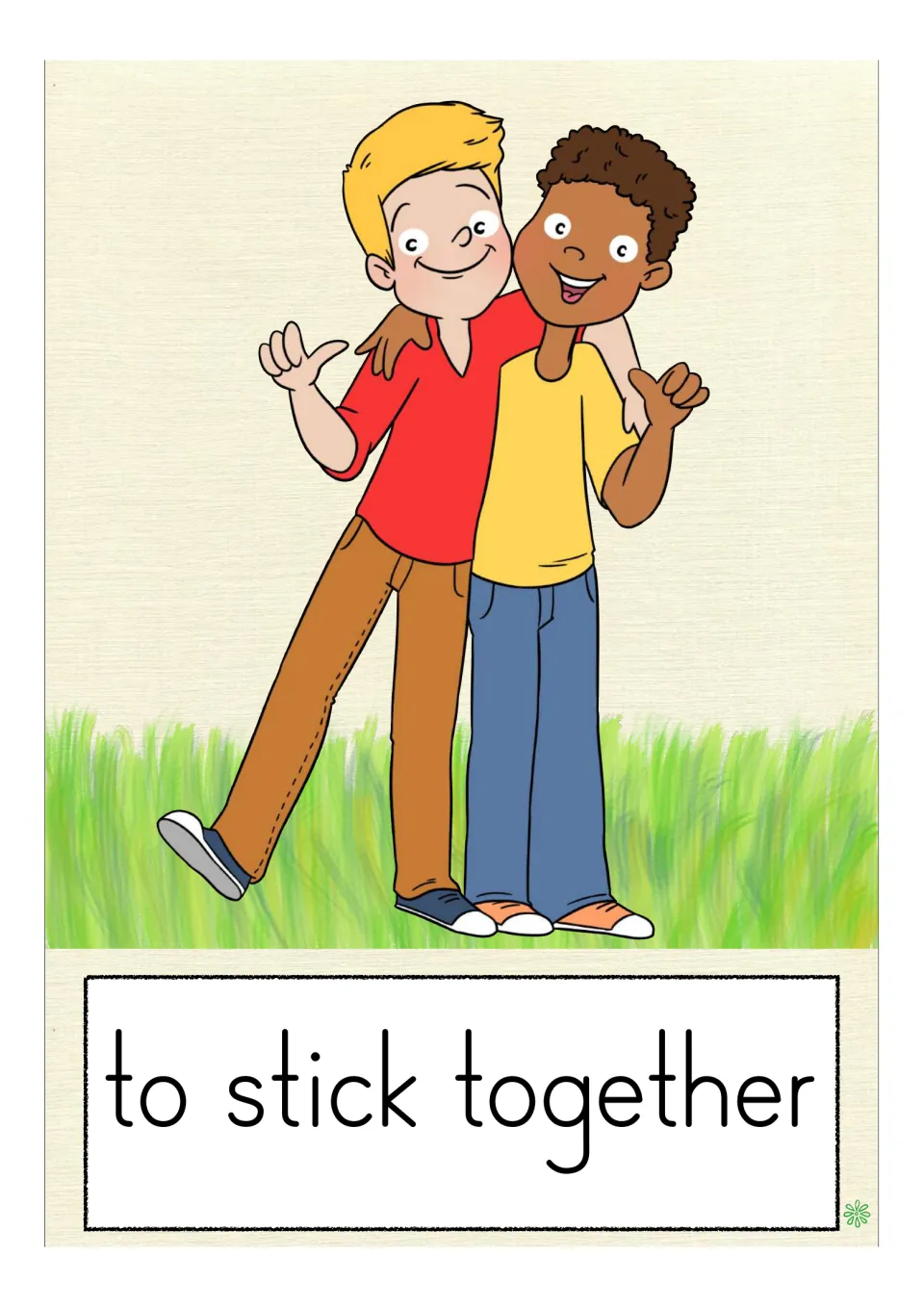 Card "to stick together": two grinning boys stand arm in arm on the grass, each gesturing with a thumb