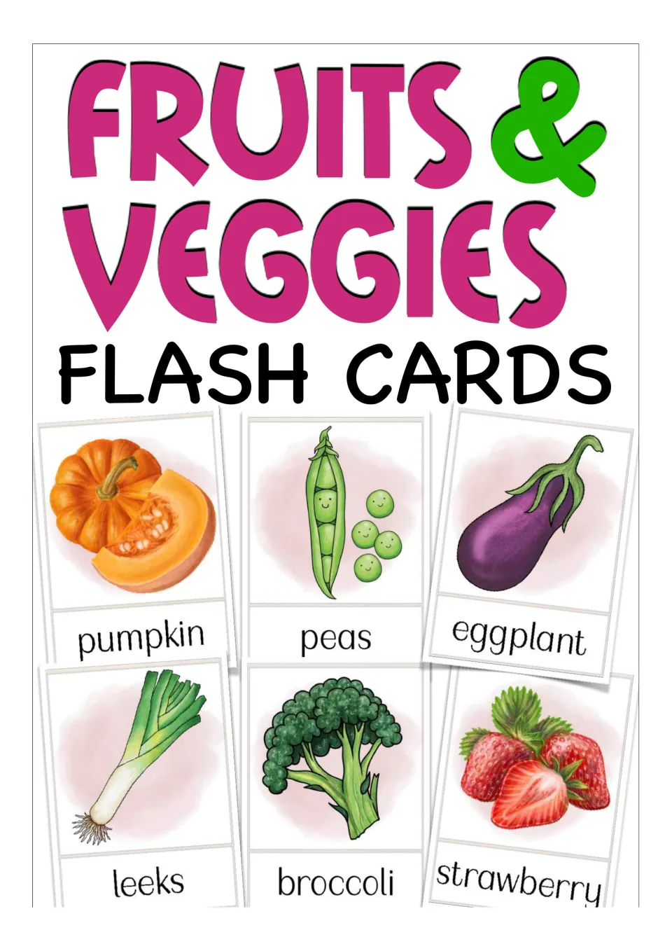 Fruit and vegetable flashcard cover showing pumpkin, peas, eggplant, leeks, broccoli, and strawberry cards