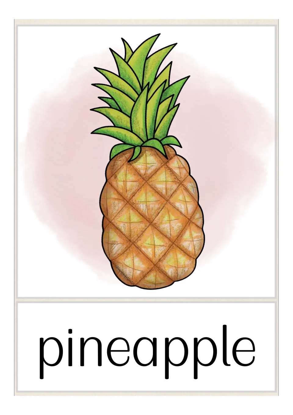 Fruit and vegetable vocabulary flashcard featuring a whole pineapple with green leaves and the label “pineapple”