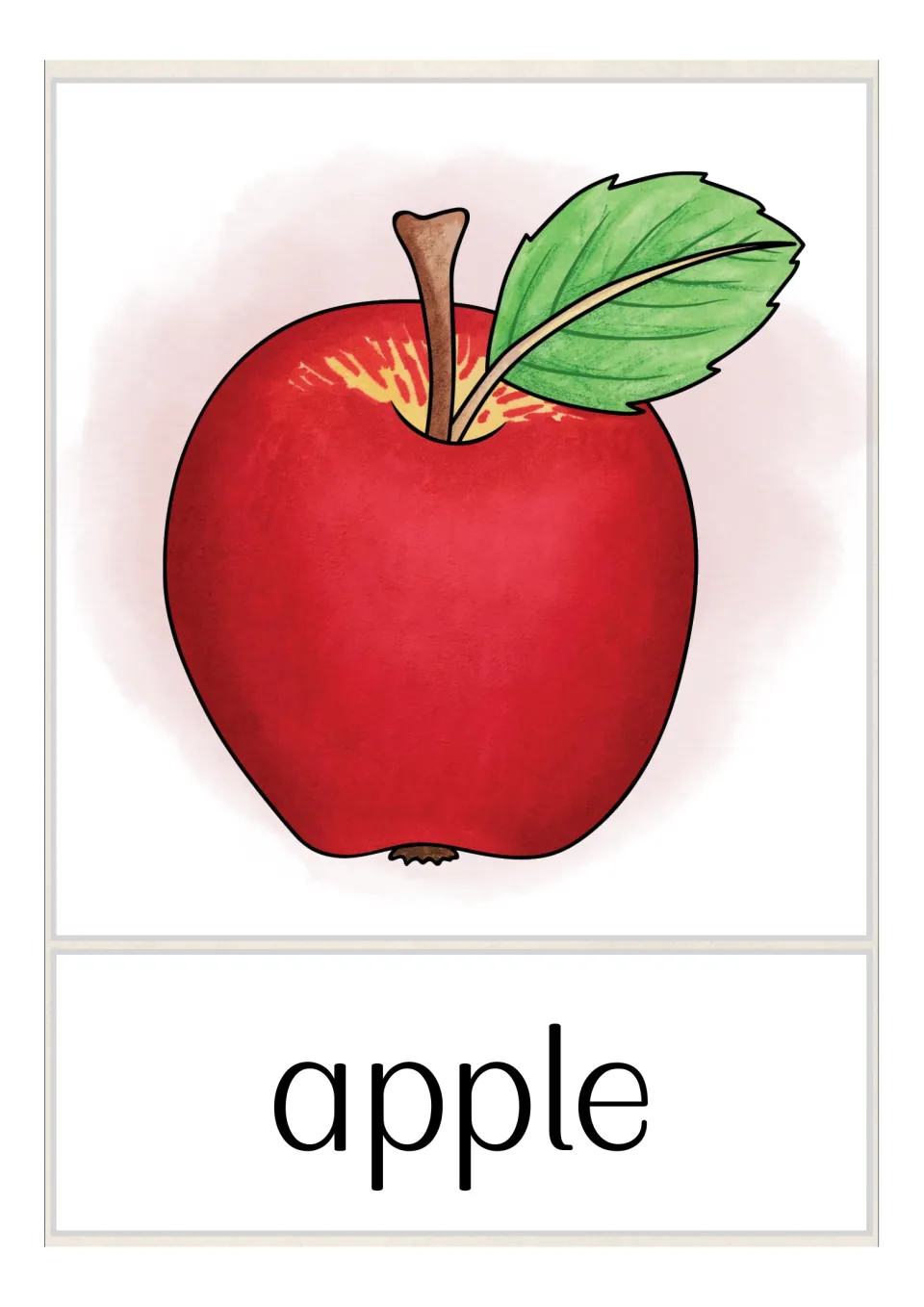 Fruit and vegetable vocabulary flashcard featuring a red apple with a stem and leaf and the label “apple”