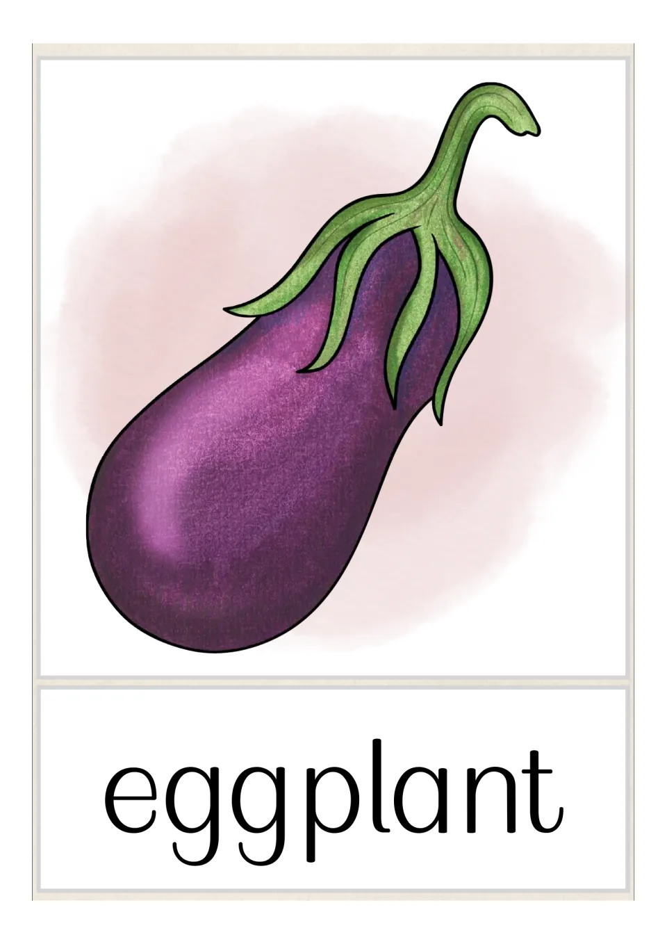 Fruit and vegetable vocabulary flashcard featuring a purple eggplant with a green stem and the label “eggplant”