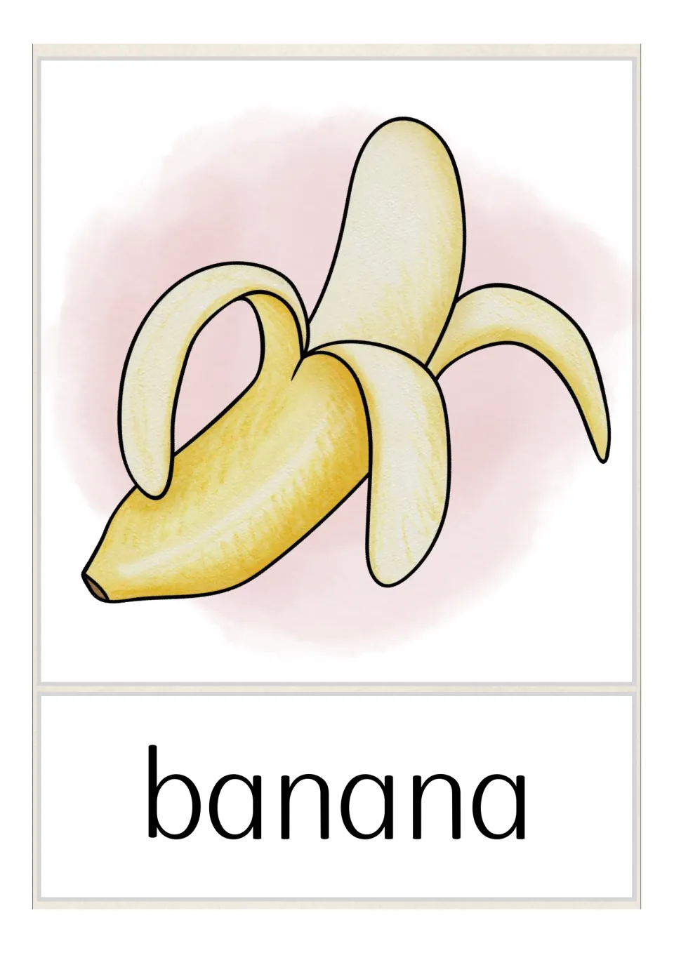 Fruit and vegetable vocabulary flashcard featuring a partially peeled yellow banana and the label “banana”