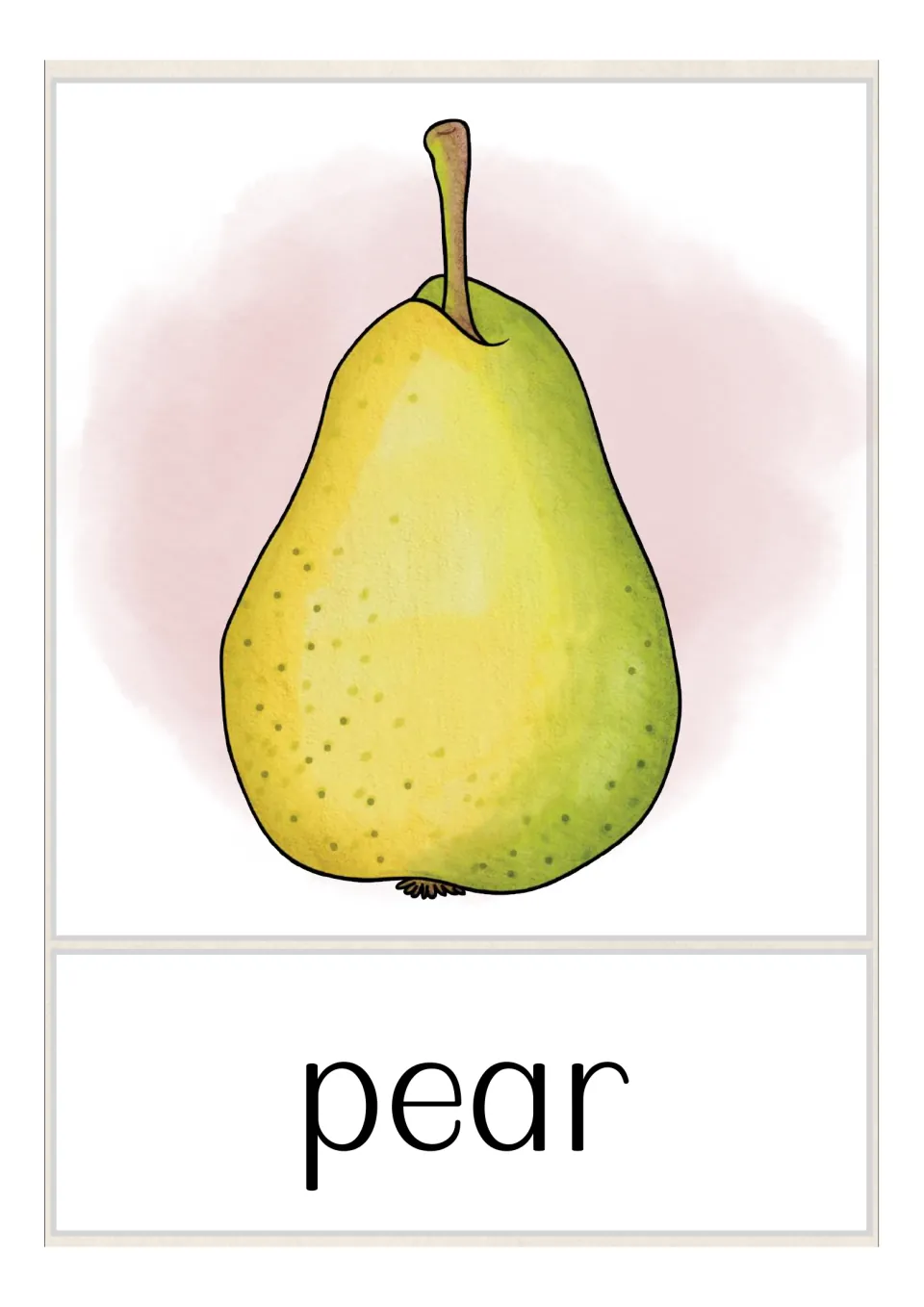 Fruit and vegetable vocabulary flashcard featuring a yellow-green pear with a brown stem and the label “pear”