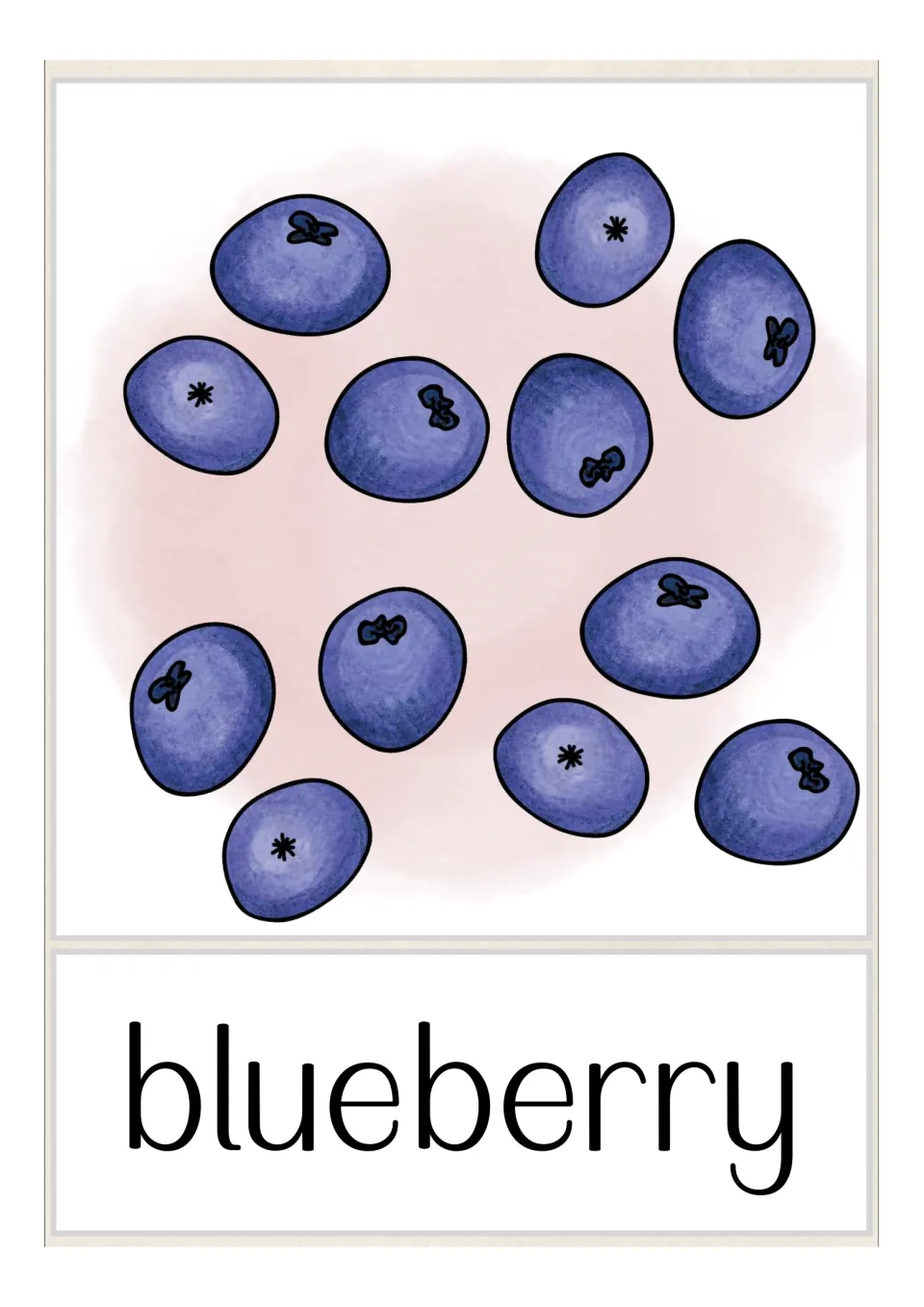 Fruit and vegetable vocabulary flashcard featuring a group of twelve blueberries and the label “blueberry”