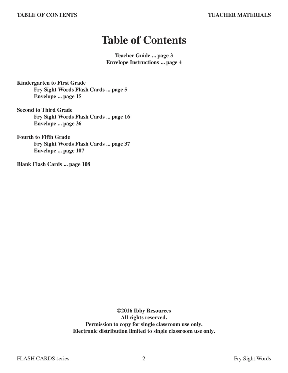 Table of contents listing the teacher guide, envelope instructions, three grade-band card sets, and blank cards