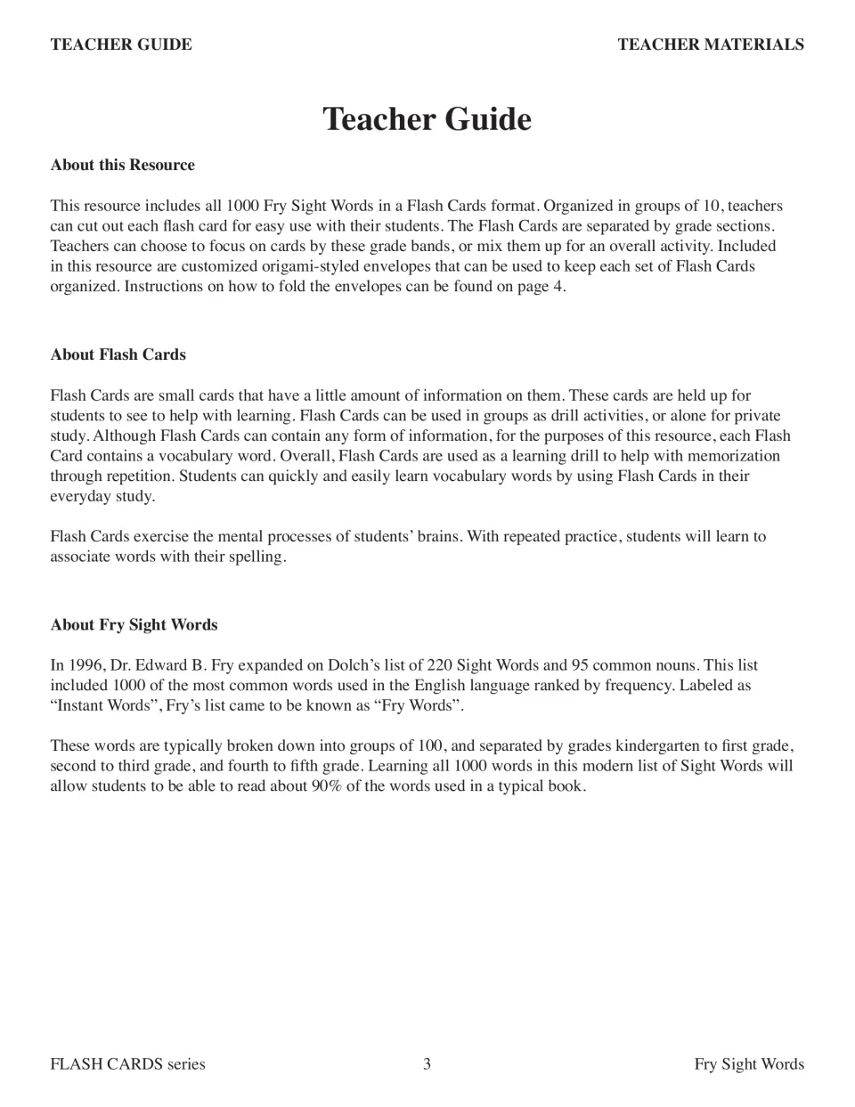 Teacher guide explaining the 1,000-word card set, groups of 10, grade sections, and group or individual practice