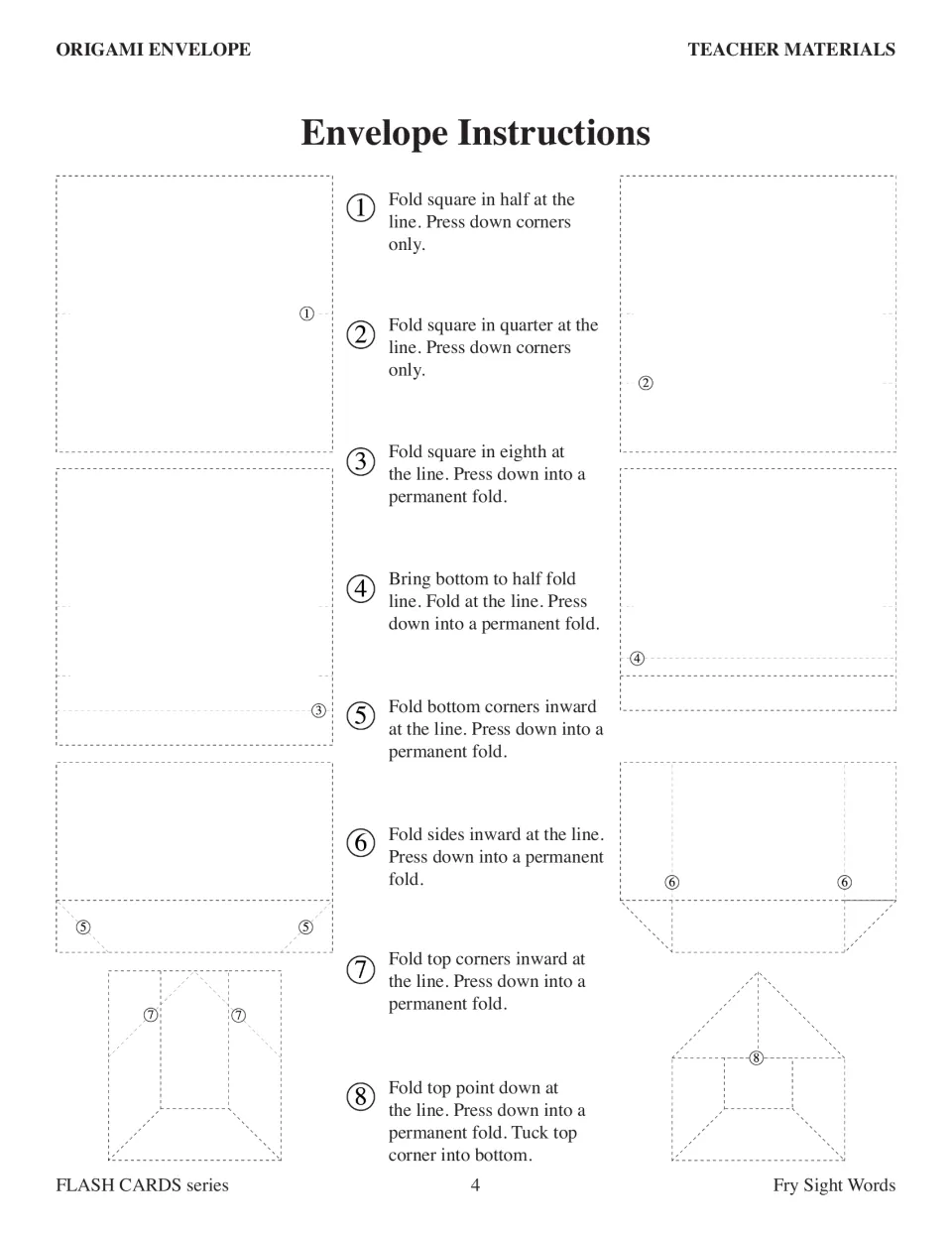 Eight illustrated folding steps for the card storage envelopes, ending by tucking the top corner into the bottom