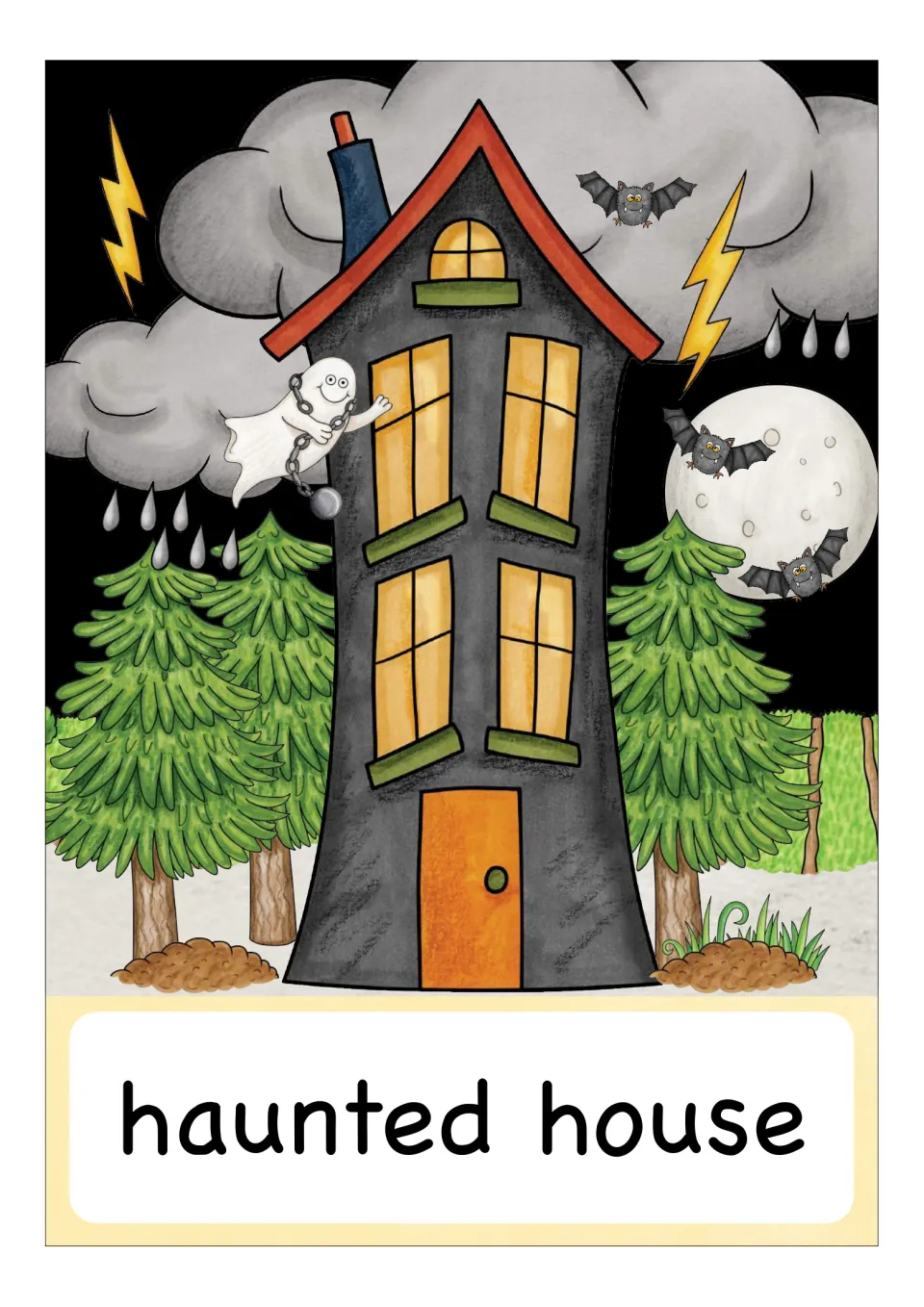 Halloween vocabulary card for 'haunted house': a dark crooked house with lit windows, a chained ghost, bats and a full moon