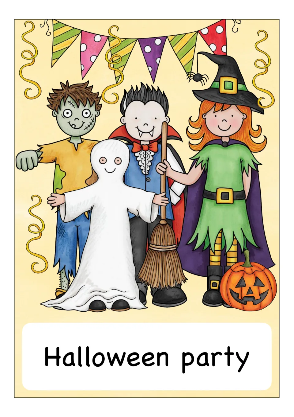 Vocabulary card for 'Halloween party': children dressed as a zombie, ghost, vampire and witch under party bunting
