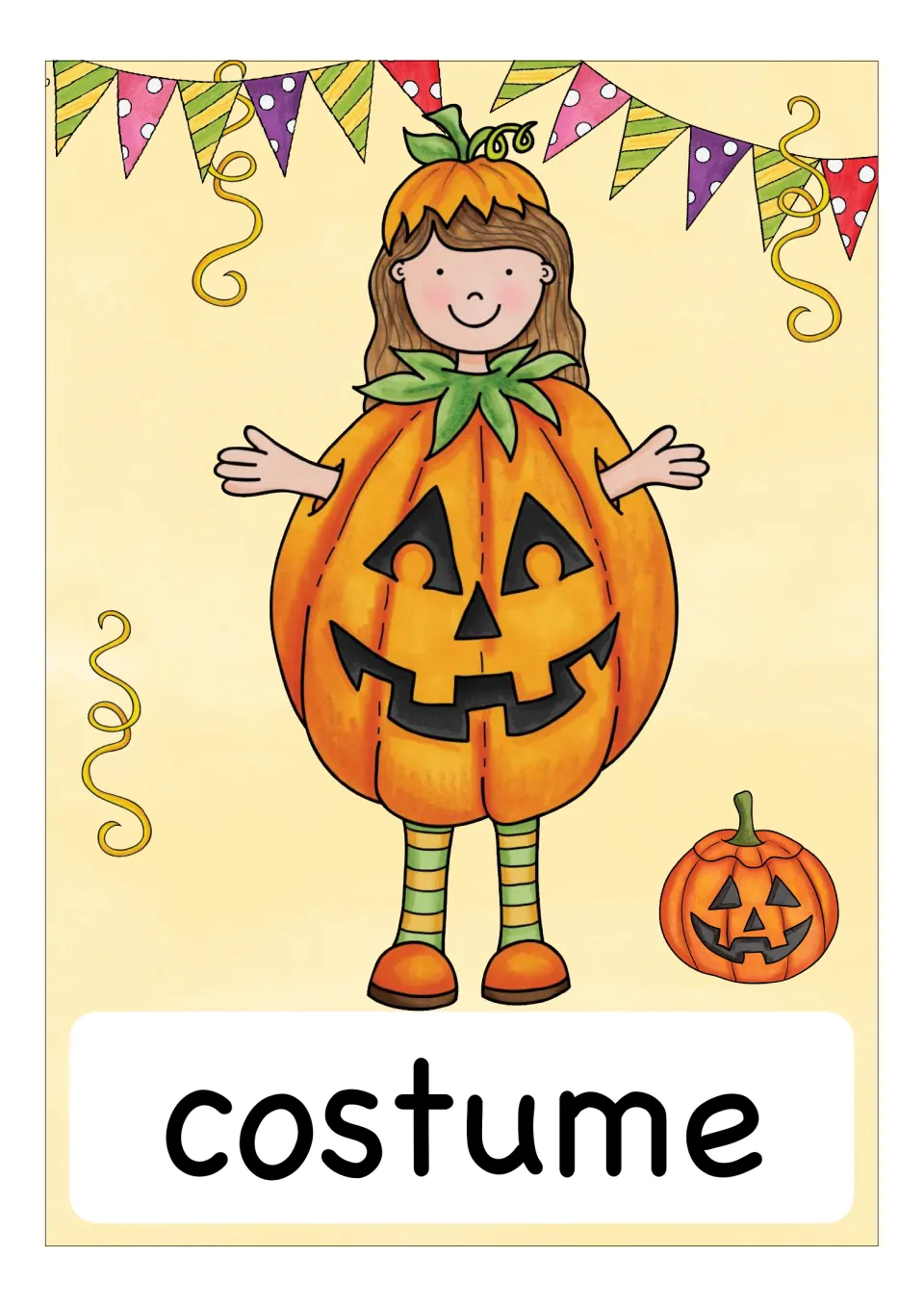Vocabulary card for 'costume': a smiling girl dressed as a jack-o'-lantern, with party bunting and a carved pumpkin