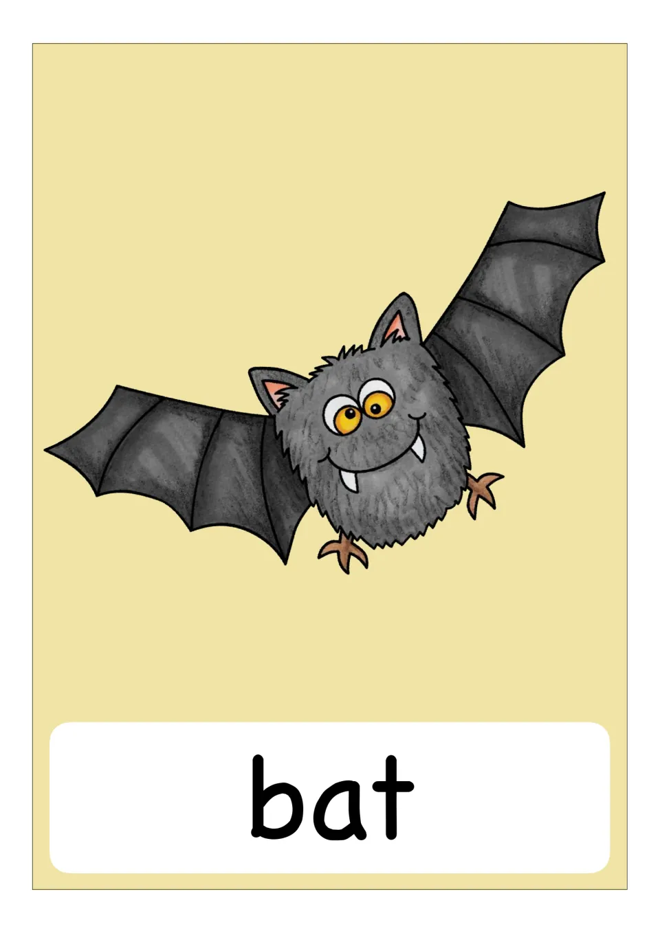 Vocabulary card for 'bat': a fuzzy gray cartoon bat with orange eyes, small fangs and wide-open wings, word printed below