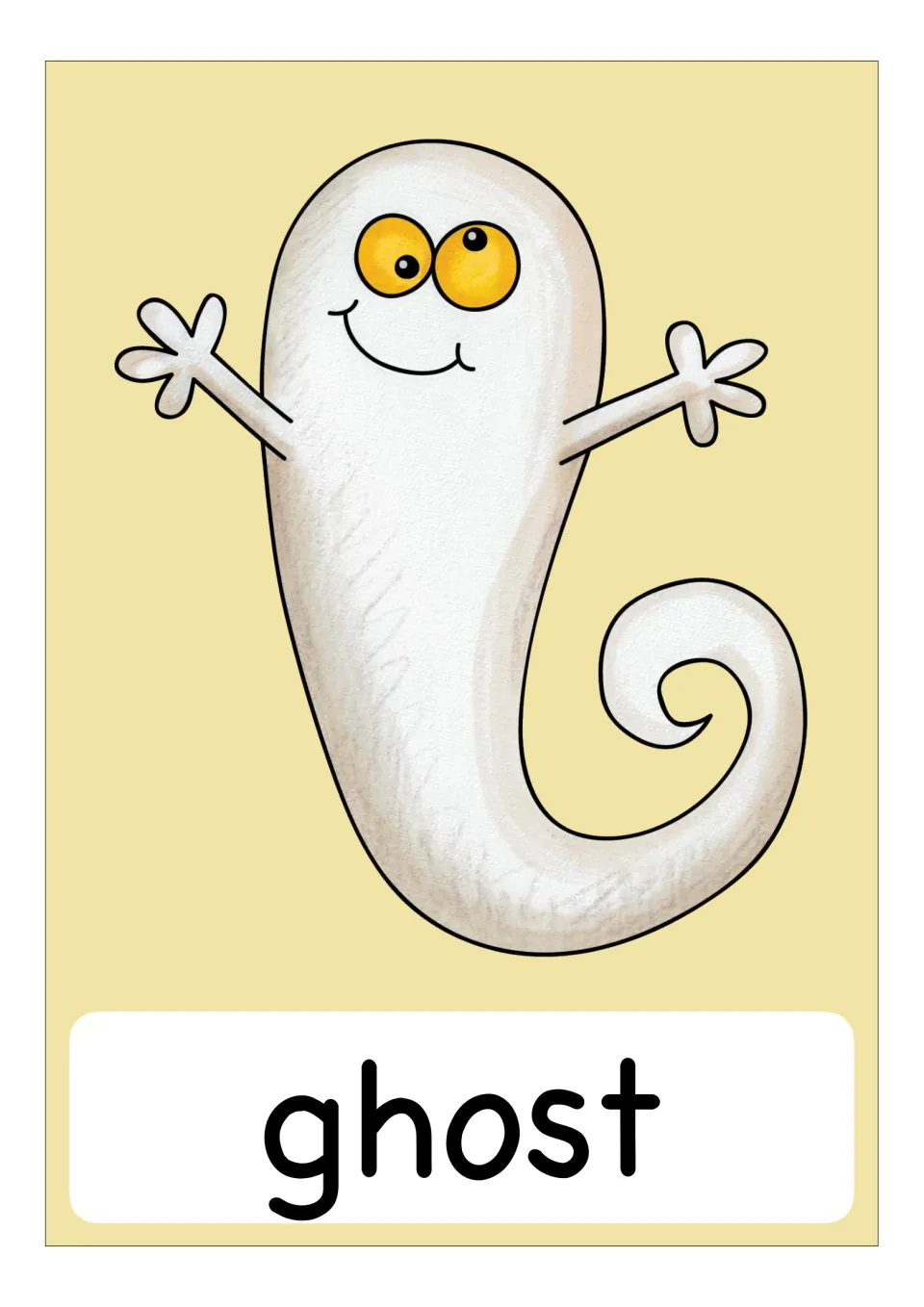 Vocabulary card for 'ghost': a friendly white ghost with big yellow eyes, raised arms and a curled tail