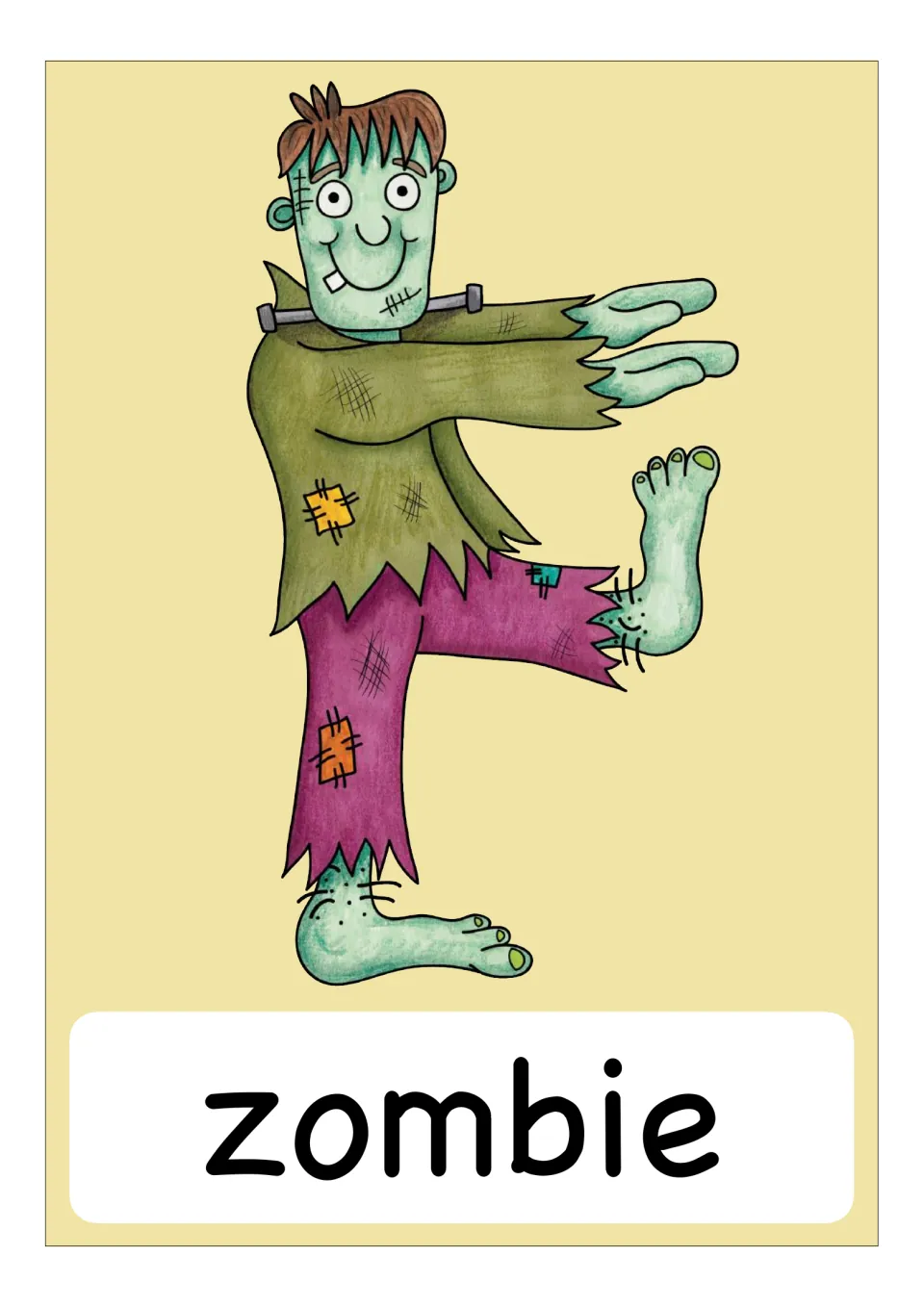 Vocabulary card for 'zombie': a green stitched figure in a torn shirt and patched purple trousers with arms stretched out