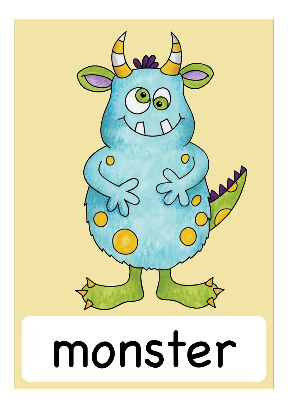 Vocabulary card for 'monster': a blue spotted creature with striped horns, green feet, a spiky tail and a toothy grin